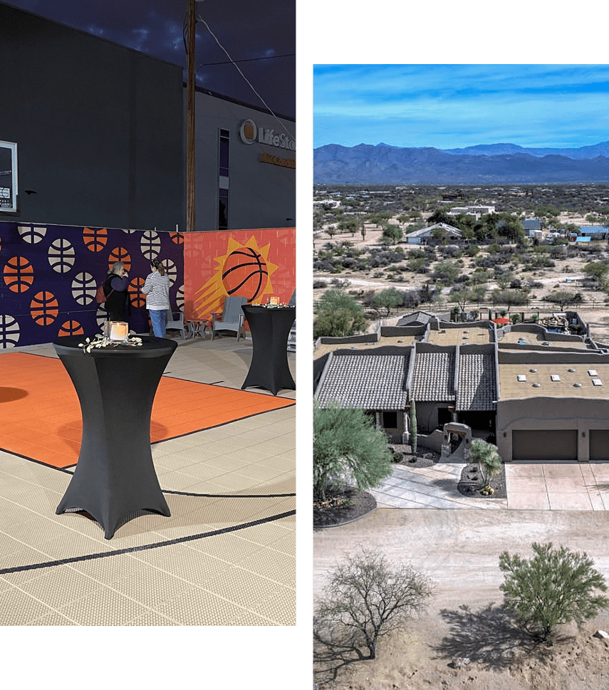 Indoor basketball court and aerial desert view.
